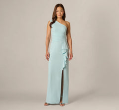 One Shoulder Draped Ruffle Stretch Gown In Clear Sky