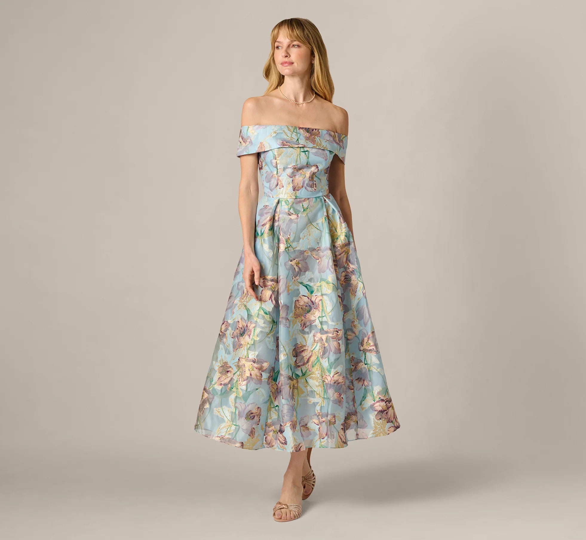 Off Shoulder Watercolor Floral Jacquard Ankle Dress In Blue Multi