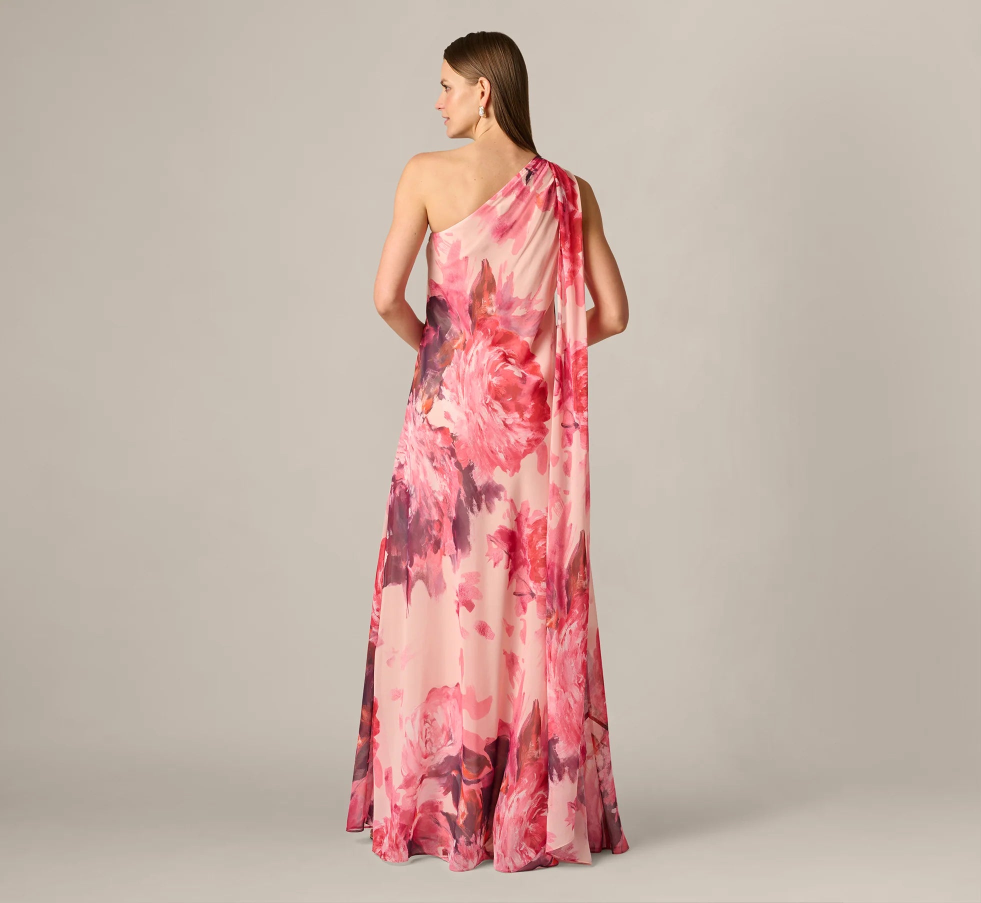 One Shoulder Peony Floral Chiffon Scarf Gown In Pink Multi