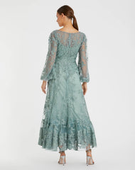 Green V-Neck Embroidered A-line Tea Length Dress