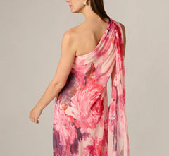 One Shoulder Peony Floral Chiffon Scarf Gown In Pink Multi