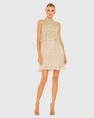 Beige High Neck Sleeveless Sequin Embellished Trapeze Dress