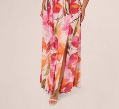 Plus Size Sleeveless Surplice Floral Chiffon Gown In Pink Orange Multi