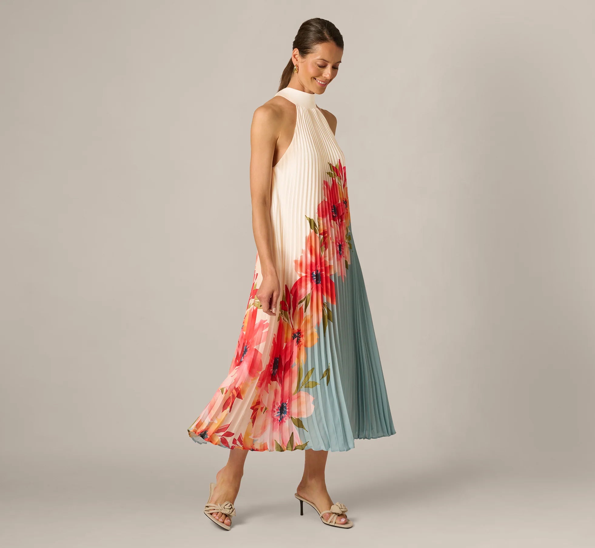Pleated Chiffon Floral Color Block Midi Trapeze Dress In Blue Multi