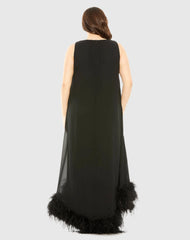 Black High Neck Feather Hem Gown