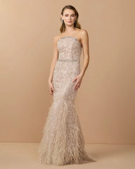 Beige Strapless Embellished Mermaid Gown With Feather Hem