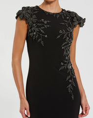 Black Cap Sleeve Jersey Column Gown With Beaded Flowers