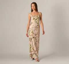 Beaded Square Neck Floral Jacquard Gown In Blush Multi