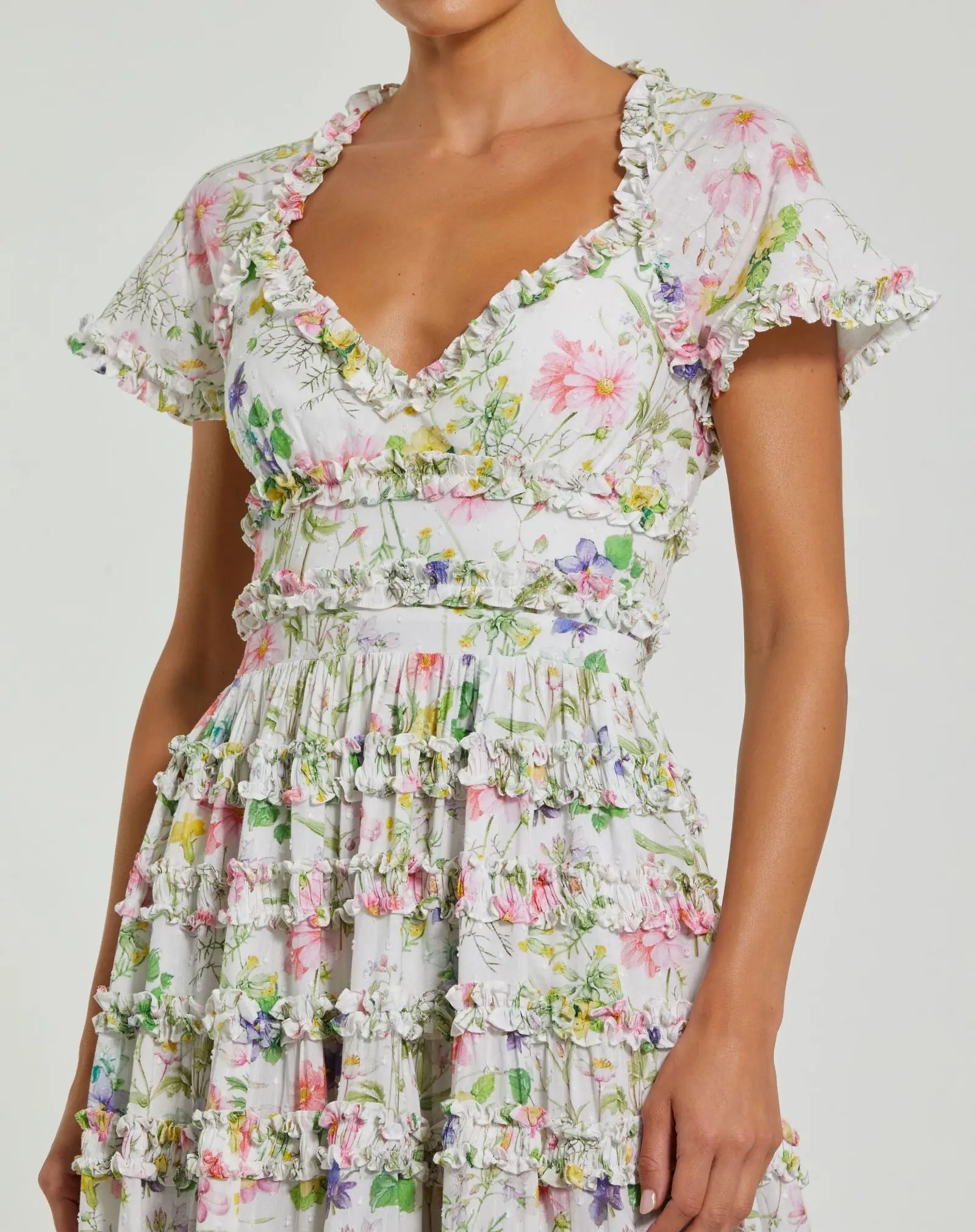 White Floral Ruffle Cotton Midi Dress