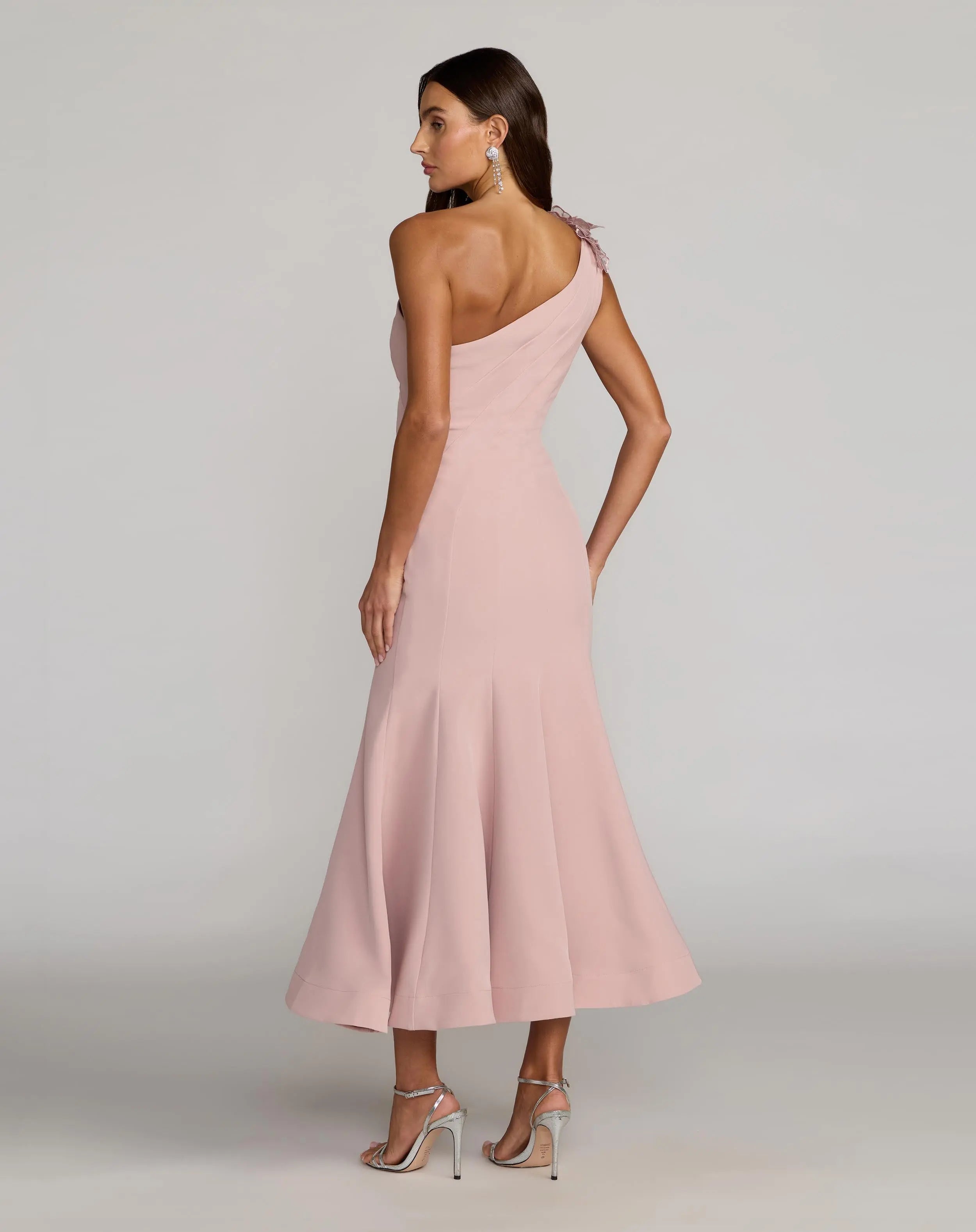 Pink One Shoulder Trumpet Midi Dress with 3D Flower