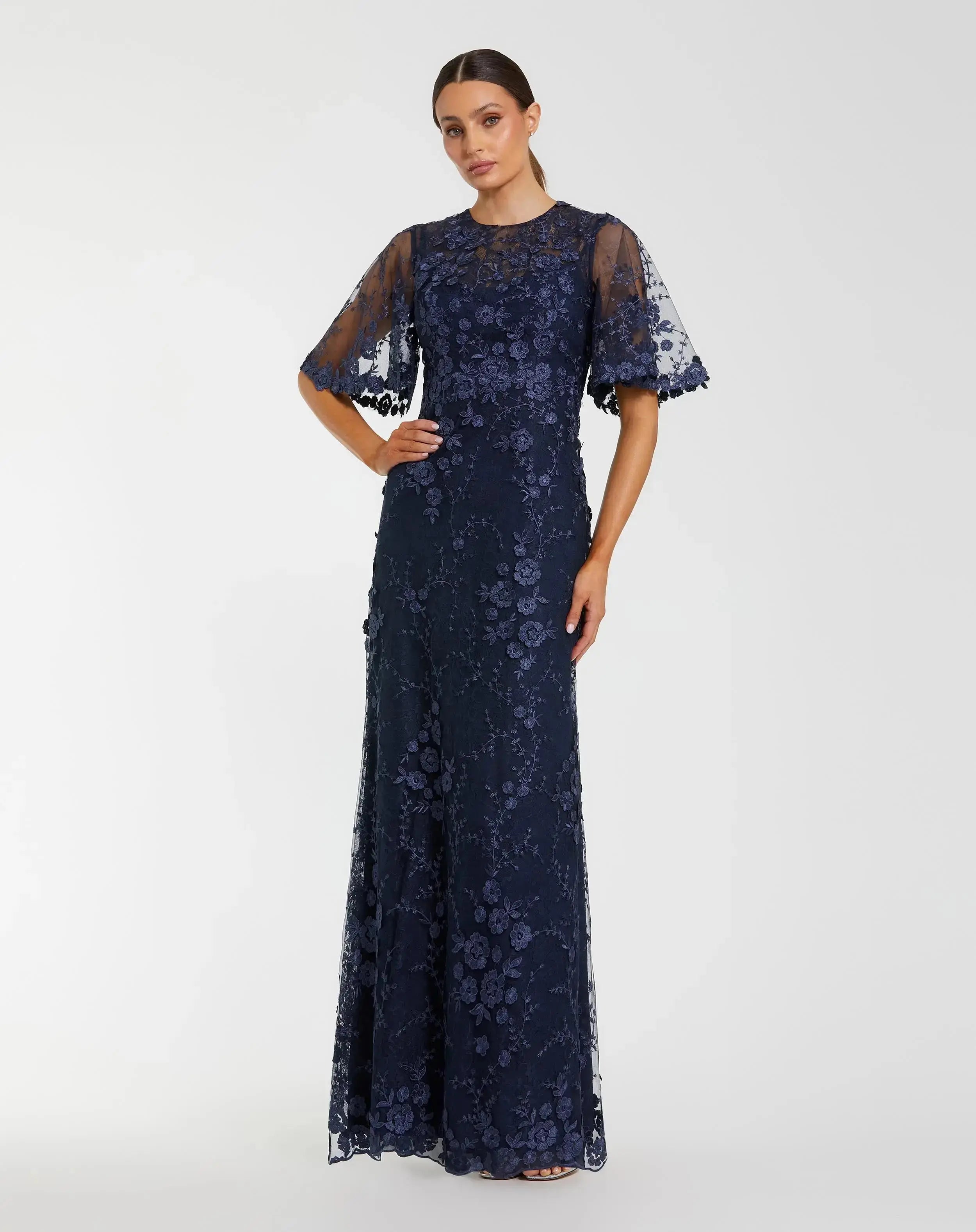Floral Lace Gown with Sheer Flutter Sleeves