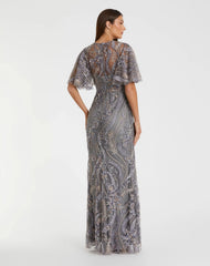 Gray High Neck Flutter Sleeve Embroidered Gown