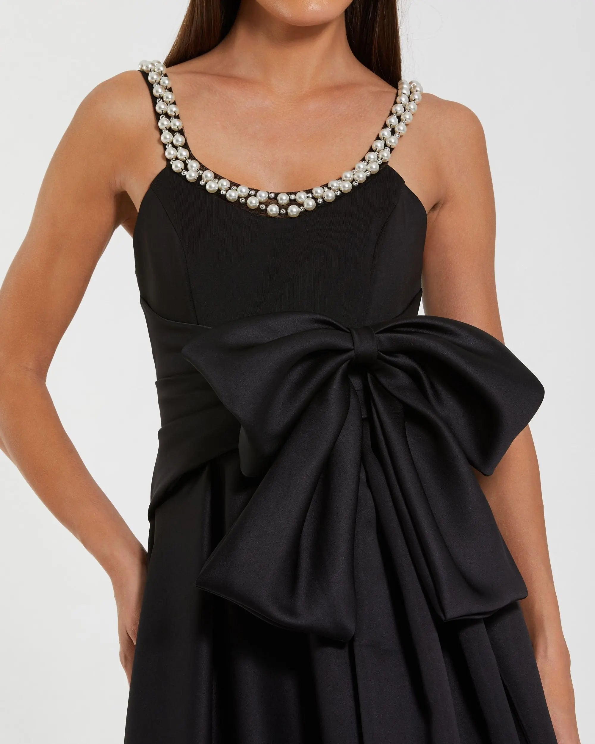 Satin Gown With Pearl Neckline and Bow Detail