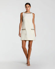 Ivory Sleeveless Shift Mini Dress with Rhinestone Trim