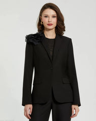 Black Classic Crepe Blazer Jacket With Flower - FINAL SALE