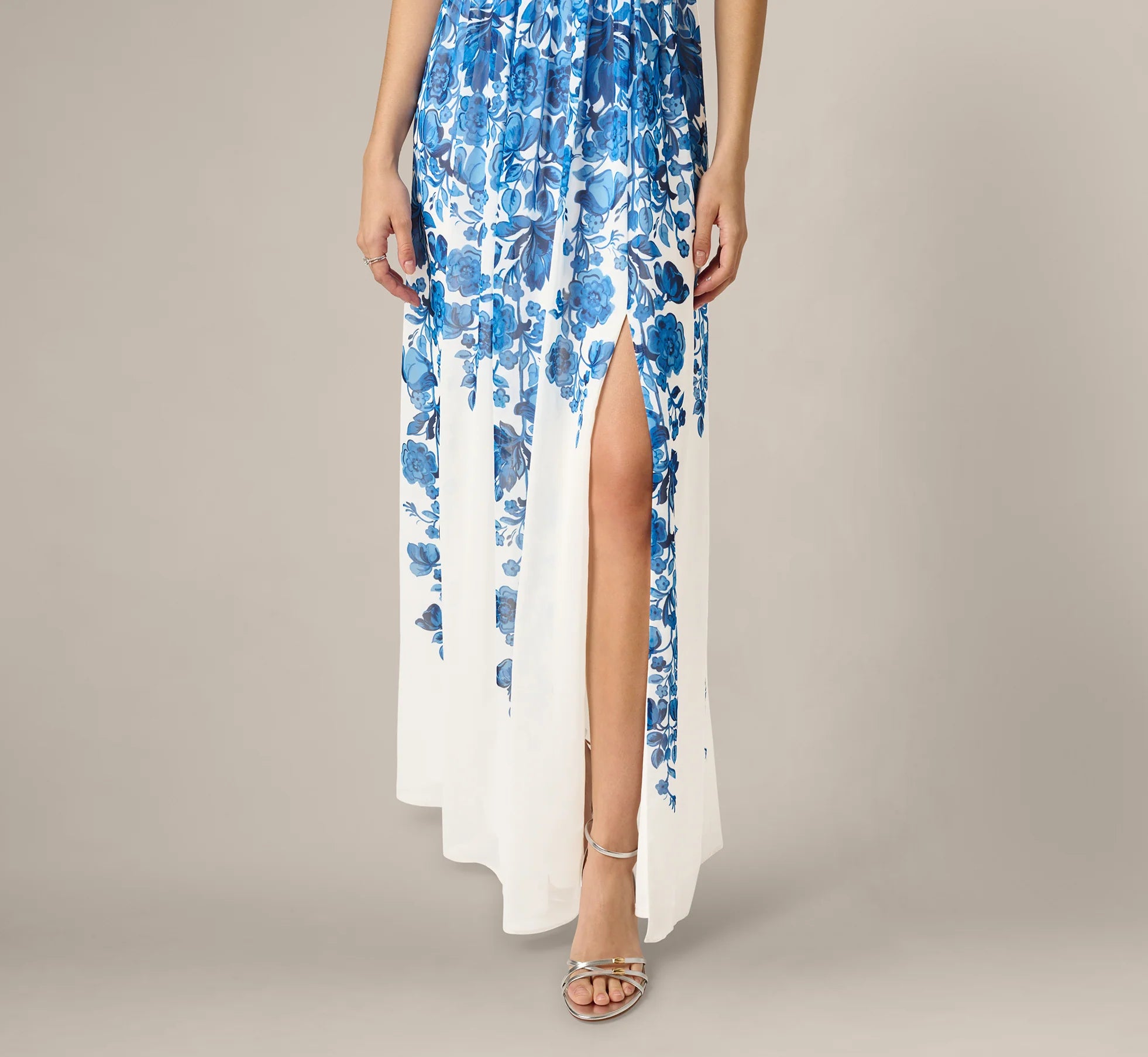 Chiffon Floral Vine Border Print Gown In Ivory Blue