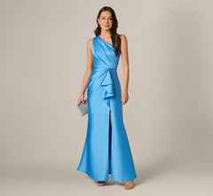 One Shoulder Draped Mikado Gown In Cool Cloud
