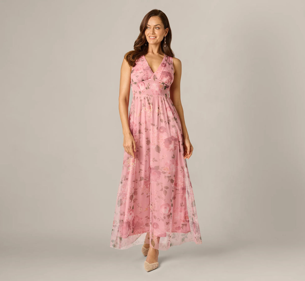 Floral Print Mesh Smocked Maxi Dress In Blush Multi