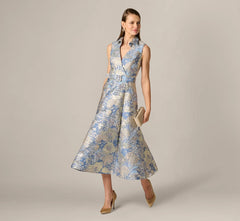 Hydrangea Floral Jacquard Collared Midi Dress In Blue Multi