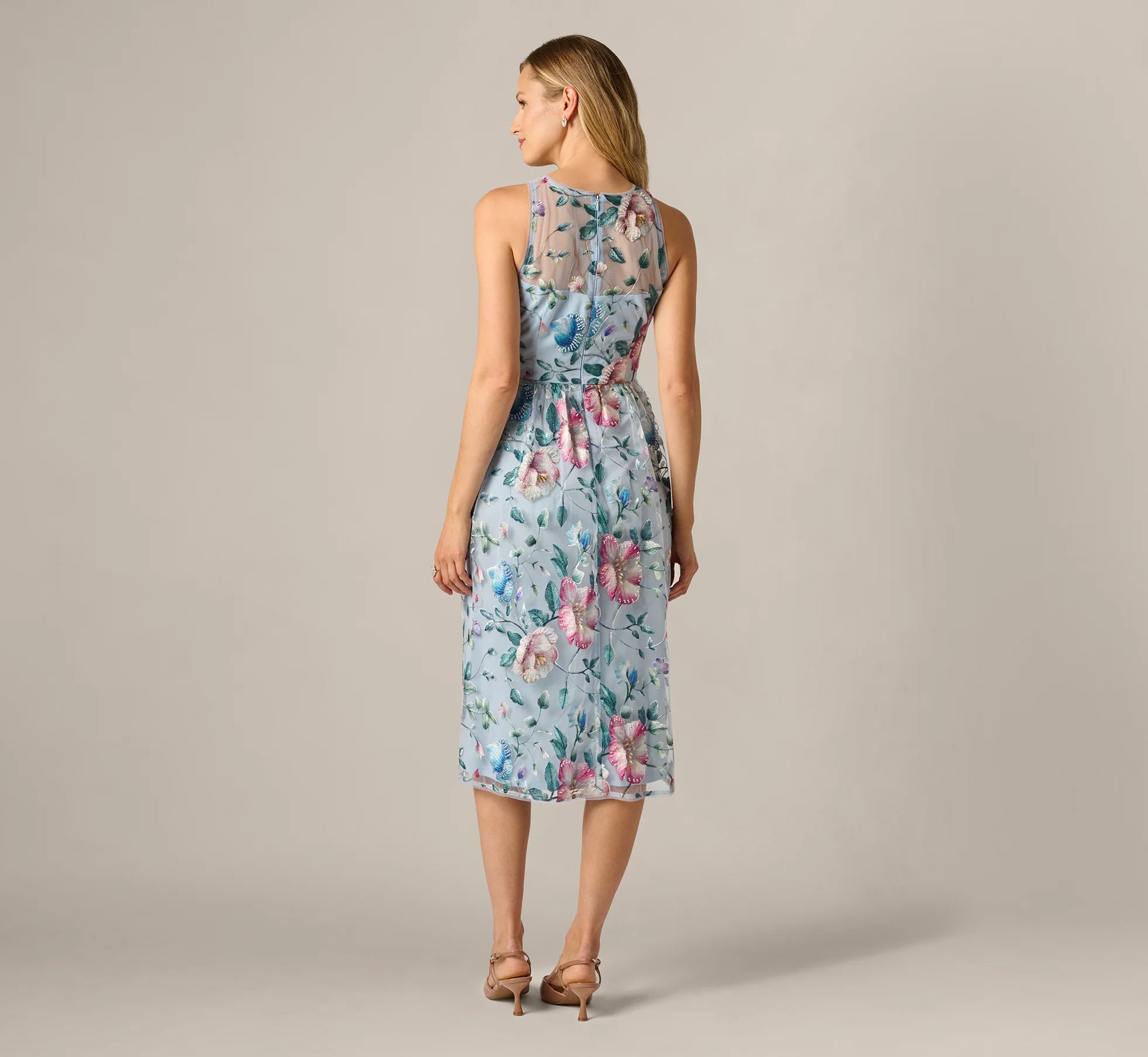 Sequin Beaded Floral Embroidery Illusion Midi Dress In Blue Multi