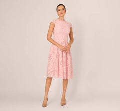 Cap Sleeve Pearly Lace Midi Dress In Blush Whisper