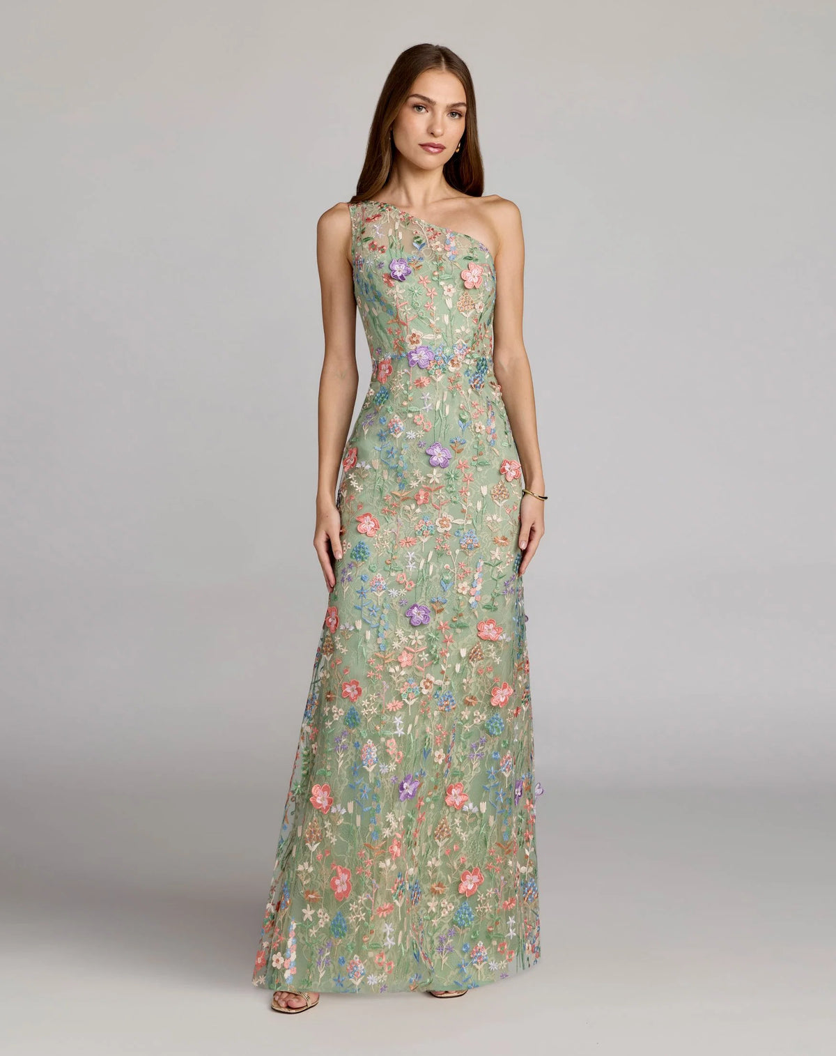 One Shoulder Floral Embroidered Gown