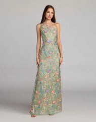 One Shoulder Floral Embroidered Gown