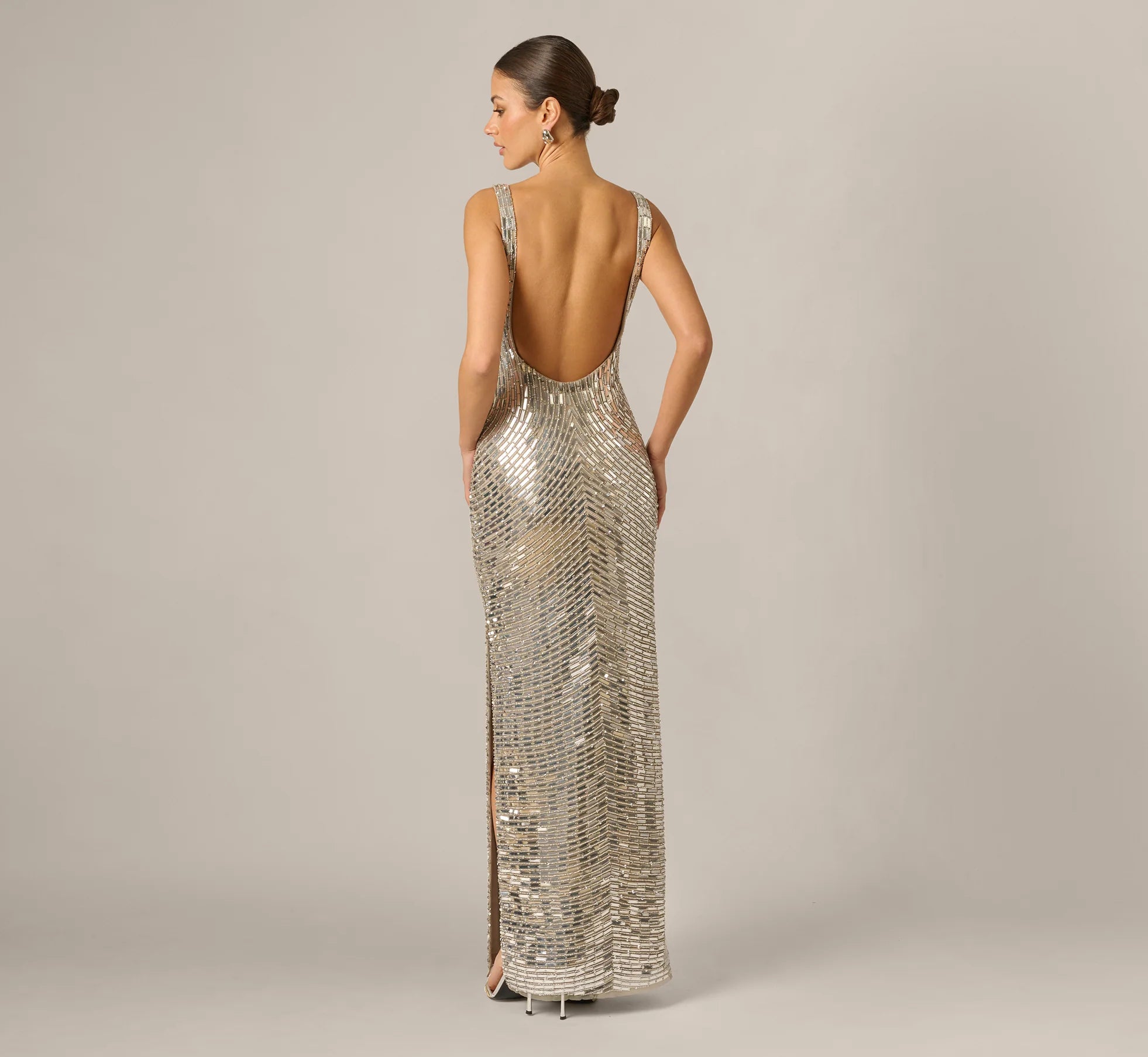 Plunge Neck Mirror Beaded Gown In Silver