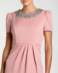 Pink Short Sleeve Rhinestone Neckline Sheath Dress