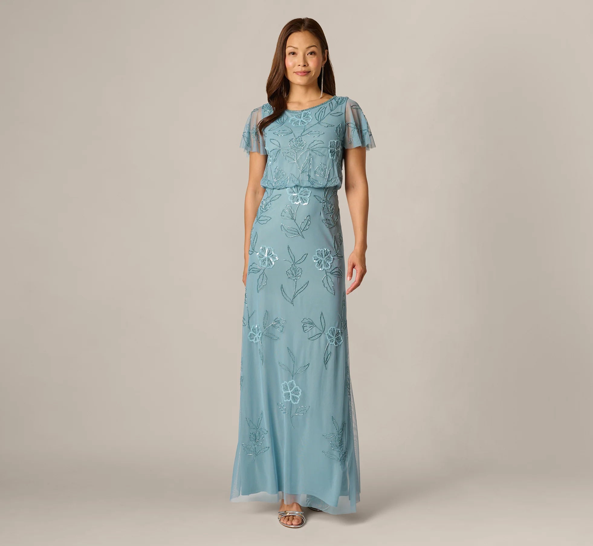 Flutter Sleeve Floral Beaded Blouson Gown In Air Sky