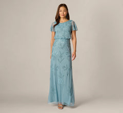 Flutter Sleeve Floral Beaded Blouson Gown In Air Sky