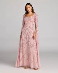 Petite Pink Beaded Square Neck Cape Sleeve Gown