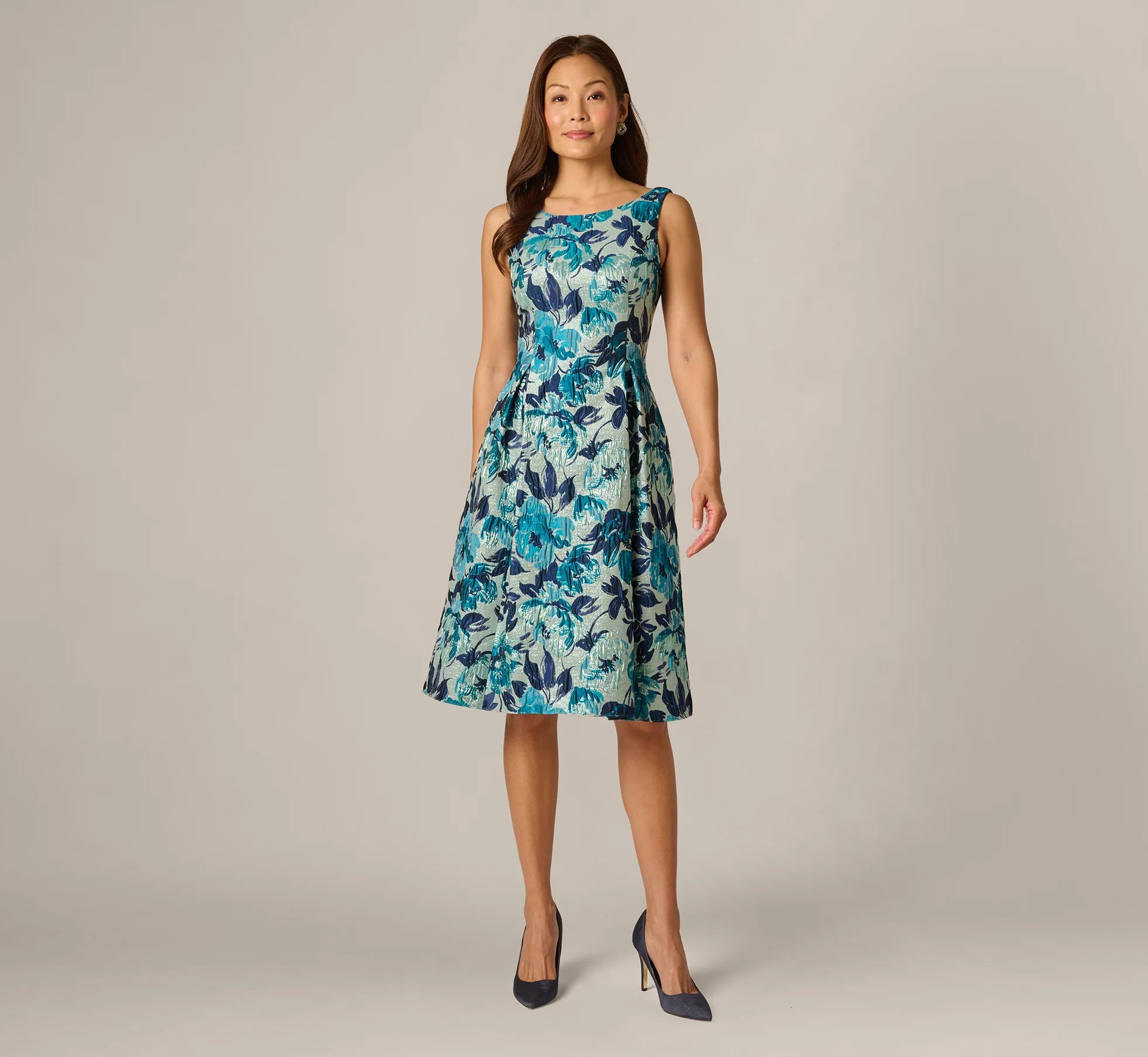 Metallic Floral Jacquard Boat Neck Fit And Flare In Blue Multi
