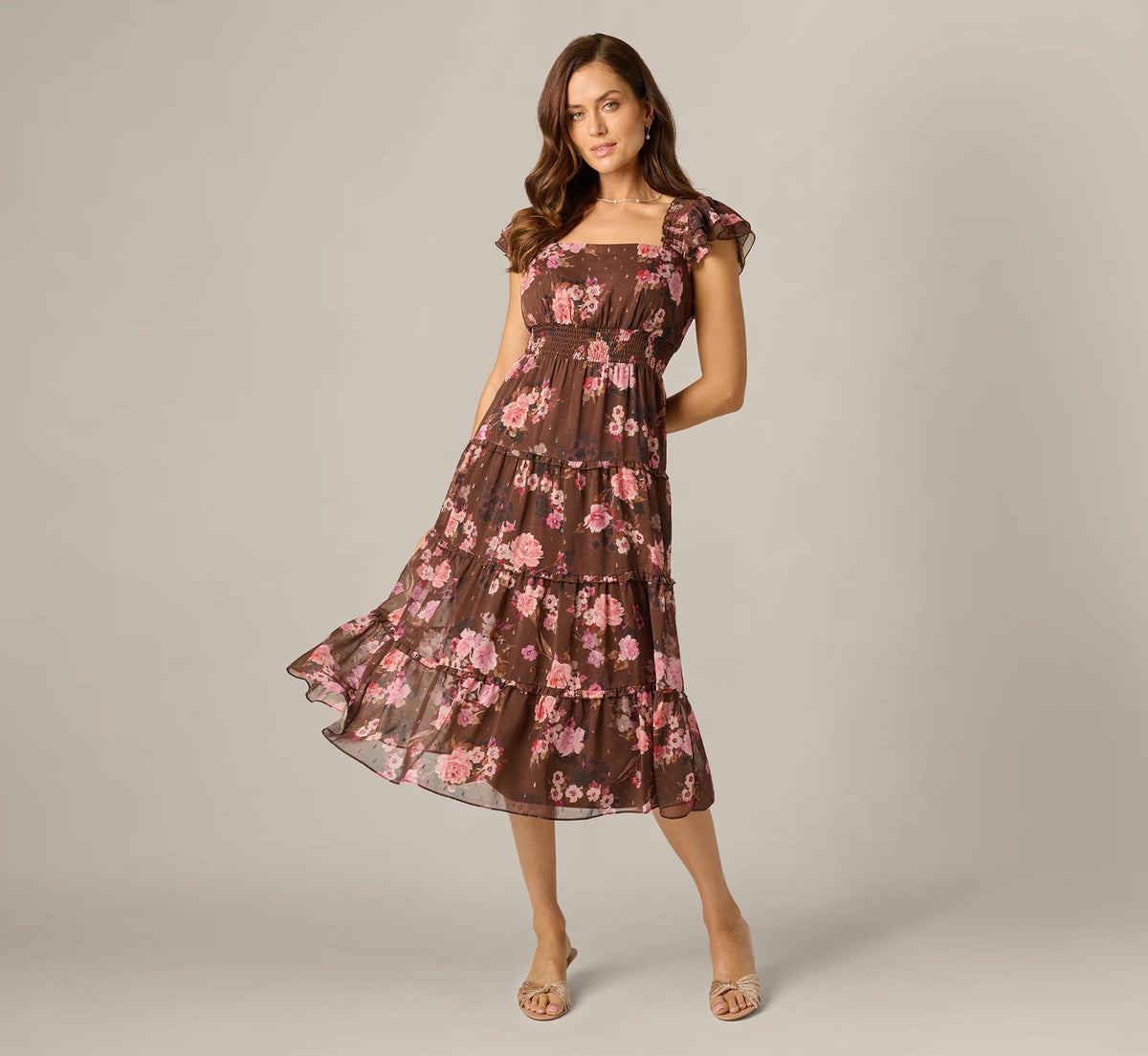 Flutter Sleeve Floral Metallic Chiffon Midi Dress In Brown Multi