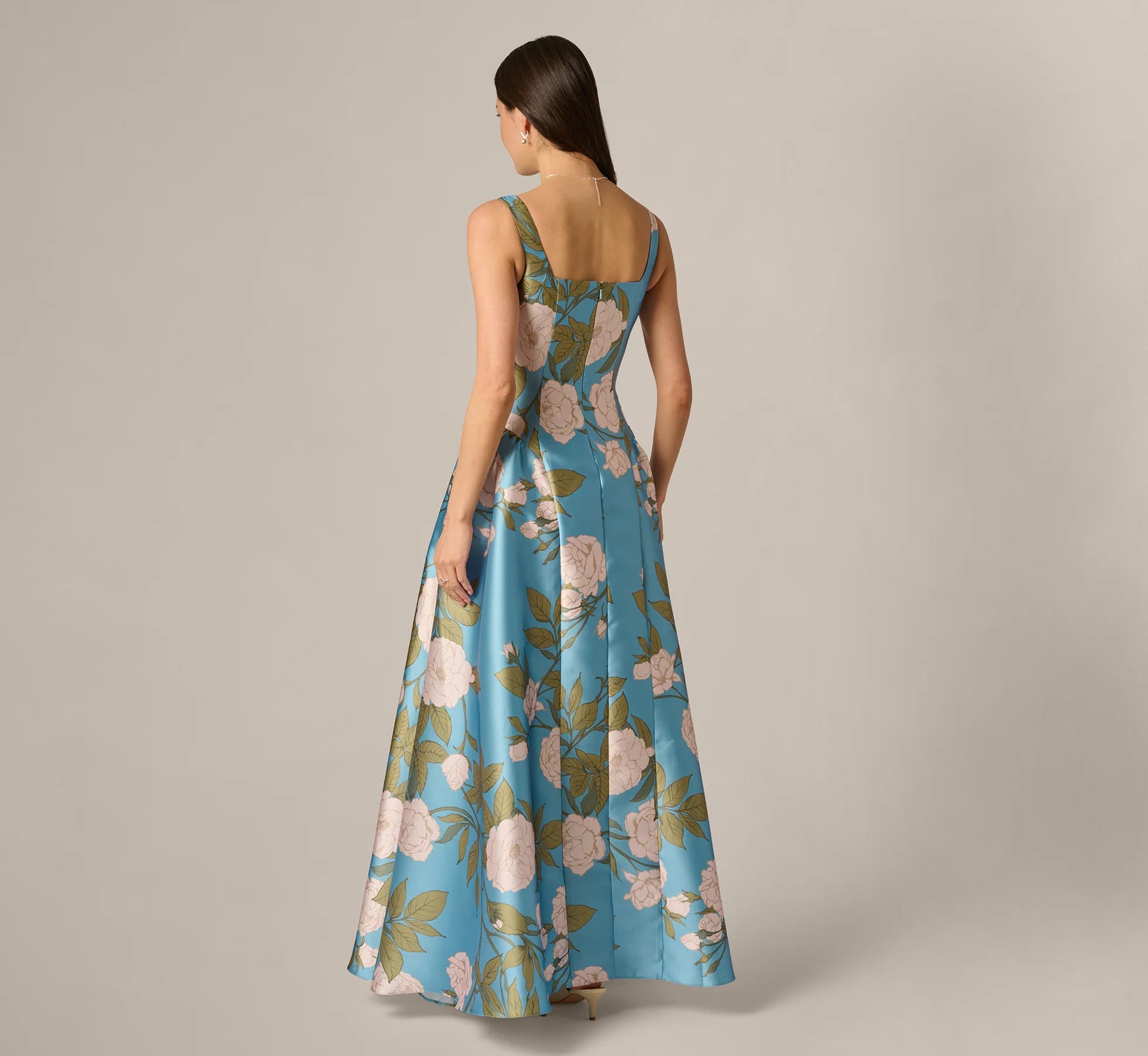 Drop Waist Square Neck Floral Ballgown In Blue Multi