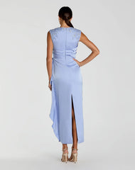 Blue Satin Beaded Embroidered Midi Dress With Bow