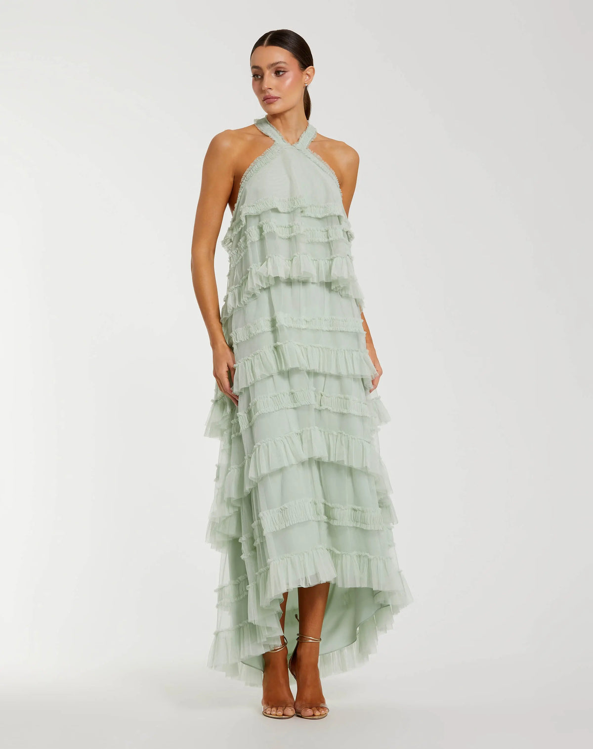 Green Tiered Ruffle Halter Neck Midi Dress