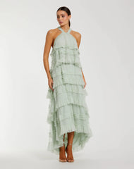 Green Tiered Ruffle Halter Neck Midi Dress