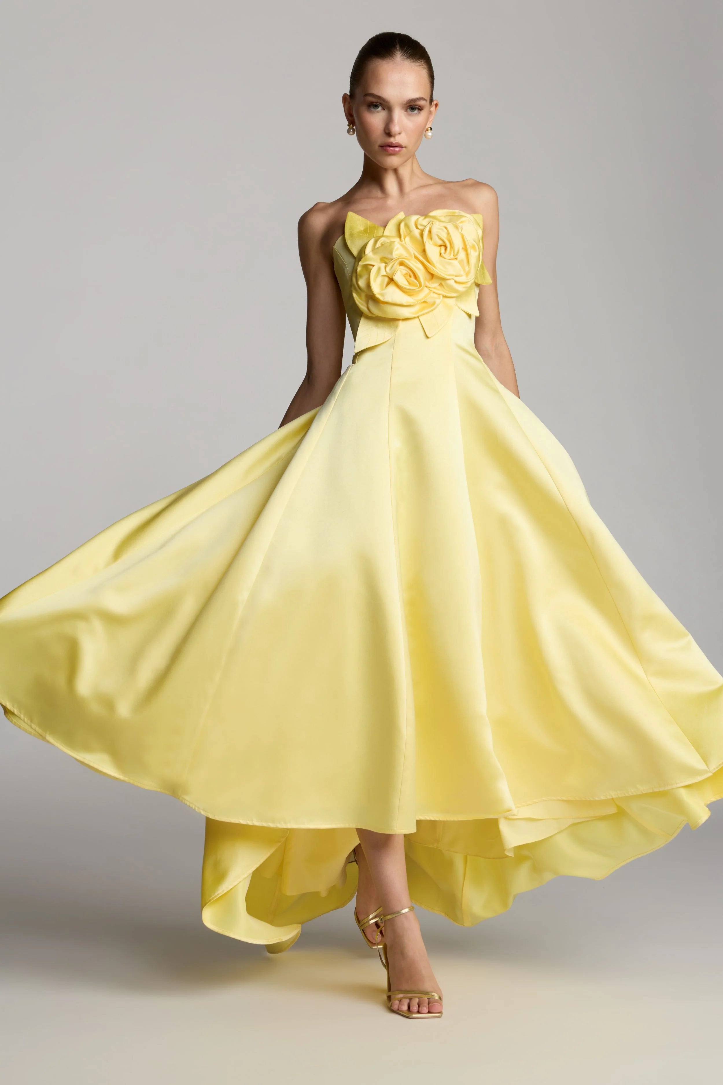 Yellow Strapless Satin High Low Gown With 3D Flowers