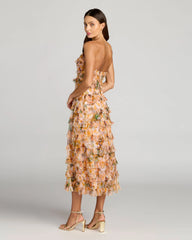 Gold Strapless Floral Micro Ruffle Dress