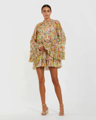 Printed Mesh Ruffle High Neck Mini Dress