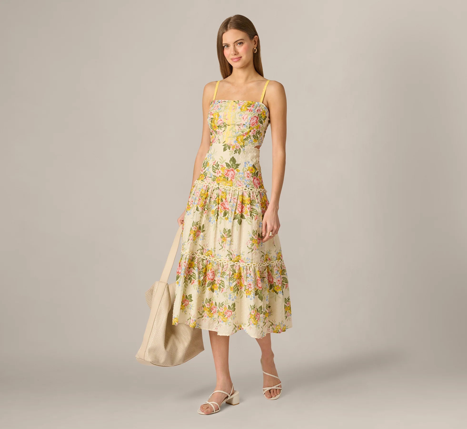 Cotton Vintage Floral Midi Sundress In Pale Yellow