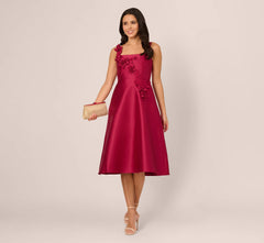 Sleeveless 3D Flower Mikado Midi Dress In Red Plum