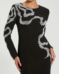 Black Jersey Evening Gown With Beaded Swirl Detail