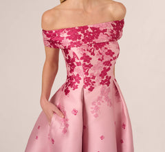 Floral Jacquard Ankle Length Dress With Off The Shoulder Neckline In Pink Multi