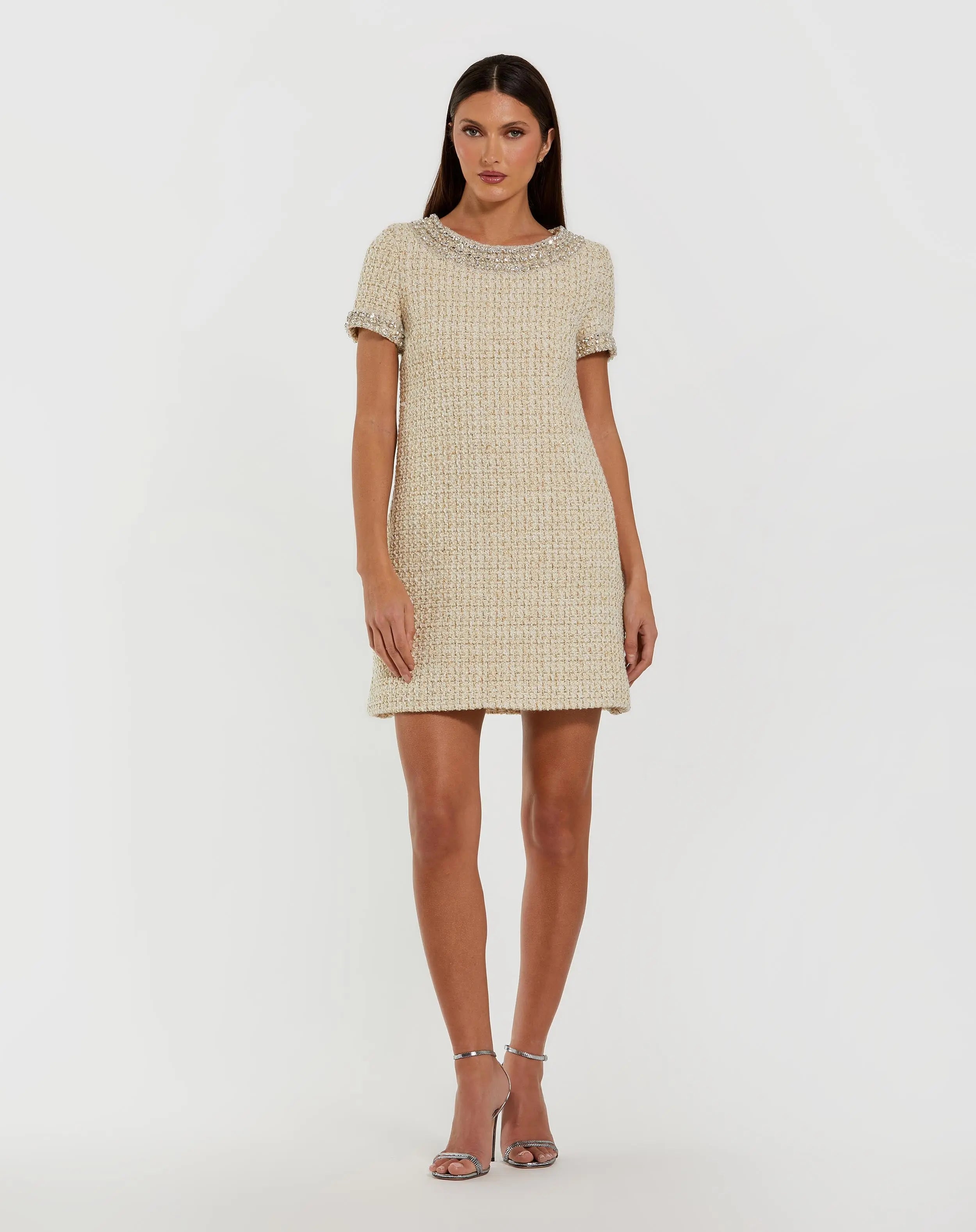 Short Sleeve Embellished Boucle Mini Dress