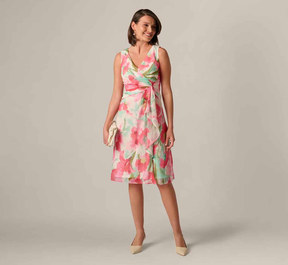 Sleeveless Draped Floral Chiffon Midi Sheath Dress In Coral Green Multi
