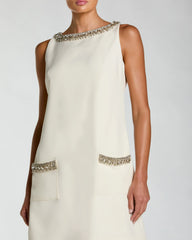 Ivory Sleeveless Shift Mini Dress with Rhinestone Trim