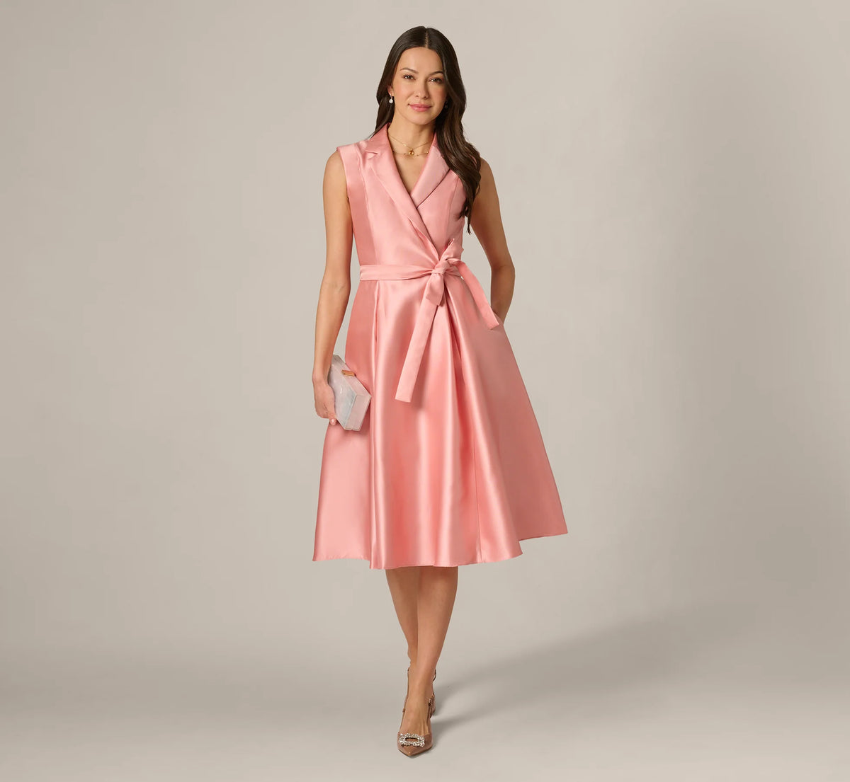 Mikado Lapel Belted Midi Dress In Apricot Ice