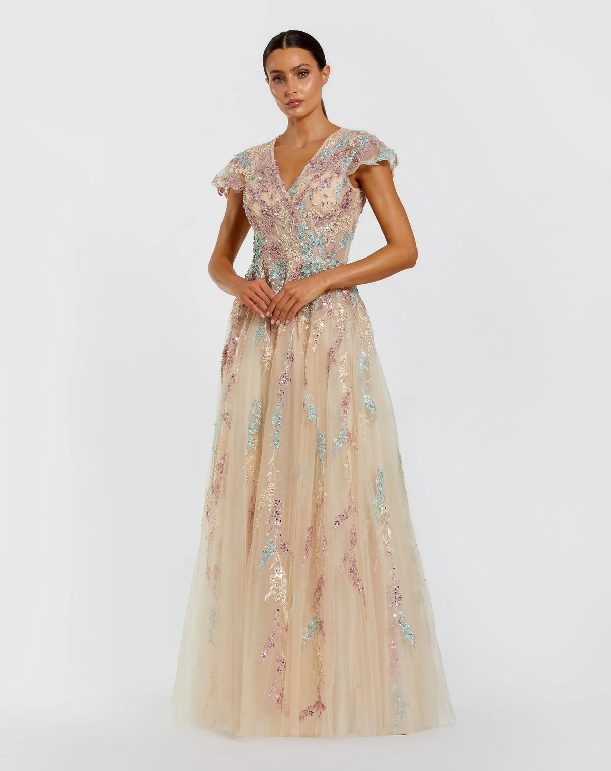 Beige Embroidered Tulle V-Neck Gown